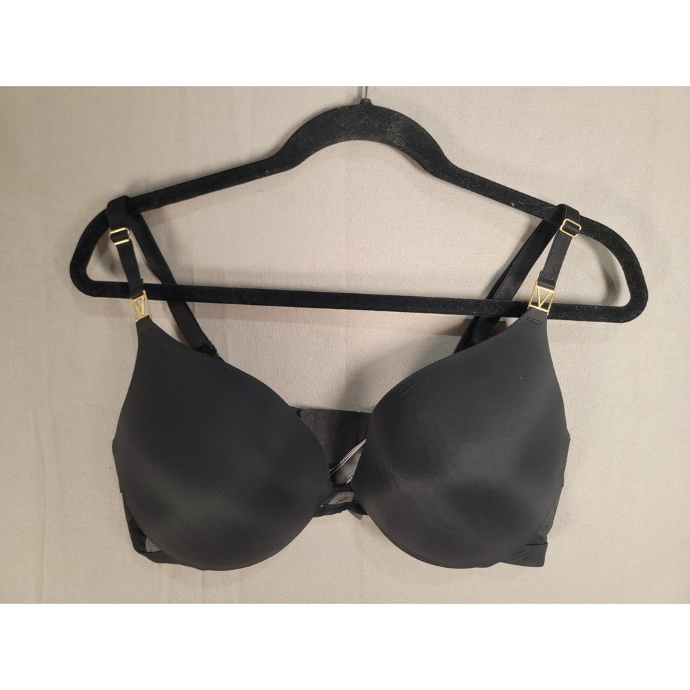 Victorias Secret Bra 38D Black Uplift Plunge Push Up Gold V Hardware Sheer Mesh